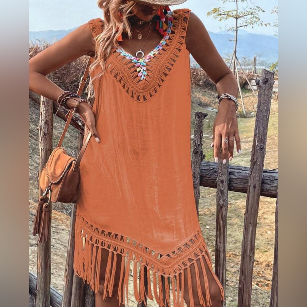 Fringe Hem Tie Backless Crochet Panel Cover Up